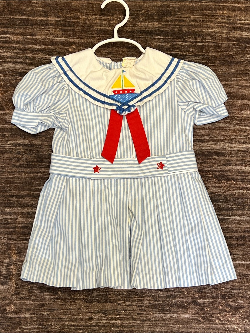 **VINTAGE**Sailor-Style Striped Baby Dress with Red Bow